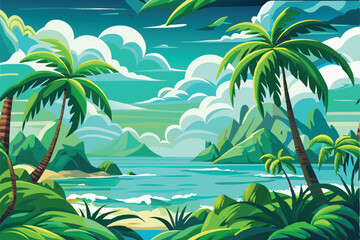 Lush tropical landscape with vibrant foliage
