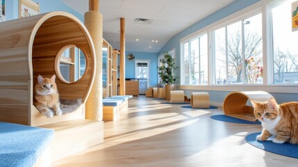 Whimsical and playful cat playground featuring cozy hideaway spots and a color palette, creating an inviting and serene environment for feline and relaxation.