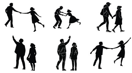 "Romantic Couple Silhouettes Holding Hands and Walking Vector Set"