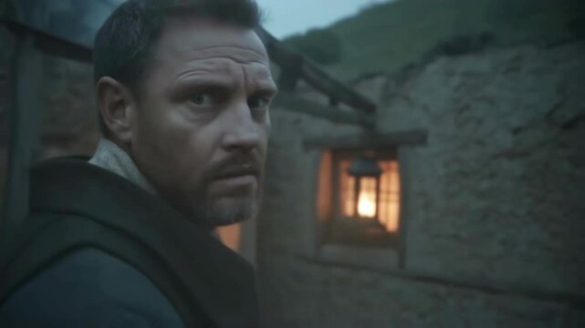 Medieval monk exploring a village at dusk, observing surroundings with curiosity and suspicion, glancing over shoulder and towards dimly lit windows