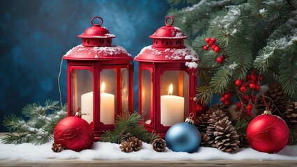 A festive winter scene featuring two vintage red lanterns with glowing candles, surrounded by evergreen branches