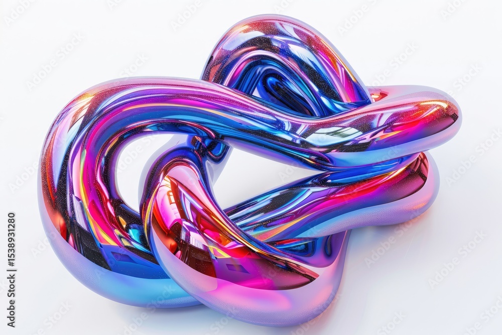 Poster vibrant color image of set of twisted 3d chrome neon fluid form shapes