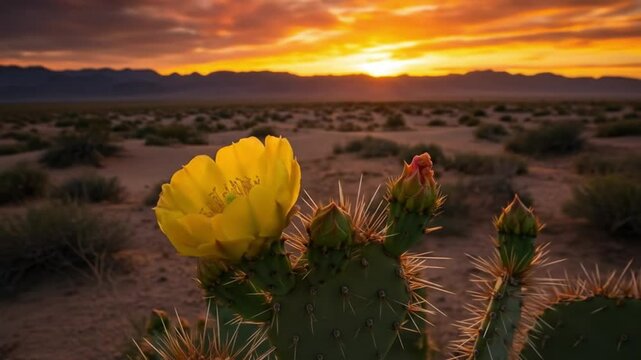 Prickly pear cactus flower at sunrise