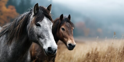 Obraz premium Horses grazing in a foggy meadow surrounded by autumn foliage during early morning light