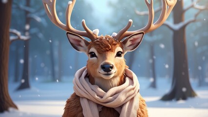 A cute, stylized deer with light brown fur and white spots, standing on a turquoise background