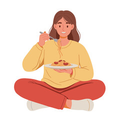 Flat design of a young adult sitting cross-legged with a bowl of spaghetti, fork twirling pasta above the plate