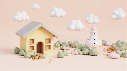 A small pink house with a white roof sits among green bushes and fluffy clouds. Stacks of gold and silver coins in front suggest themes of real estate investment or financial savings.