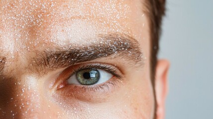 Close-up view of a person's scalp showing visible dandruff flakes and dry, flaky skin texture