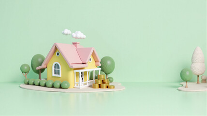 A pastel-colored house with a pink roof sits among green bushes and floating white clouds. Stacks of gold and silver coins surround it, symbolizing wealth, savings, and real estate investment.