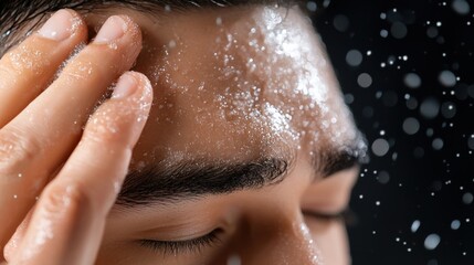 Extreme close-up view of a person's scalp, revealing dry, scaly skin and visible dandruff flakes