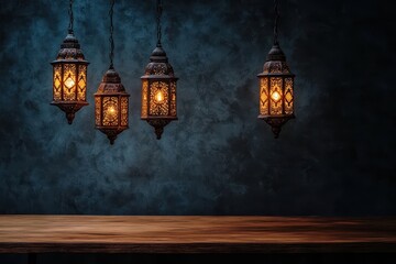Fototapeta premium Four ornate, illuminated metal lanterns hang against a dark teal textured backdrop, above a rustic wooden surface