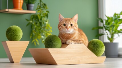 Cozy, modern living room with a sleek, geometric shelving system and a curious cat lounging on the comfortable furniture