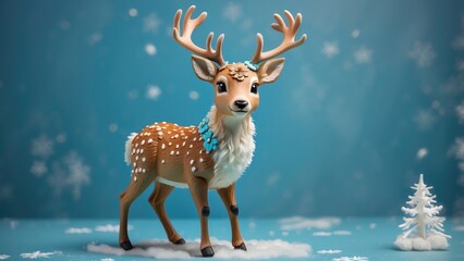 A cute, stylized deer with light brown fur and white spots, standing on a turquoise background