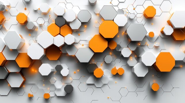 Abstract geometric pattern of layered hexagons in white, orange, and gray, lit by glowing points