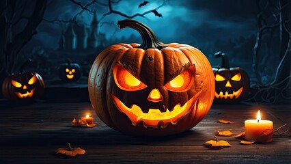 A large, menacing jack-o'-lantern with glowing orange eyes and a jagged smile sits at the center