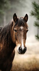 Obraz premium Brown horse standing in a misty meadow surrounded by tall grass and soft morning light in a tranquil natural setting