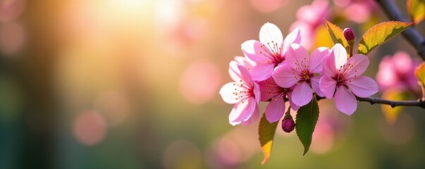 Pink blossoms in full bloom, sunlight dappling through leaves, sunshine, springtime