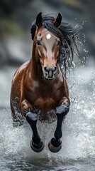 Obraz premium Majestic horse splashes through water in a breathtaking natural landscape during daylight