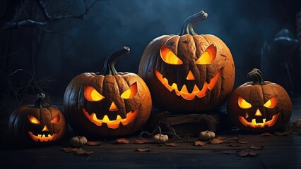 A large, menacing jack-o'-lantern with glowing orange eyes and a jagged smile sits at the center