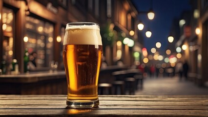 A glass of golden beer sits on a rustic wooden table, glistening under soft ambient glow from blurred fairy lights in the background. The scene evokes a warm