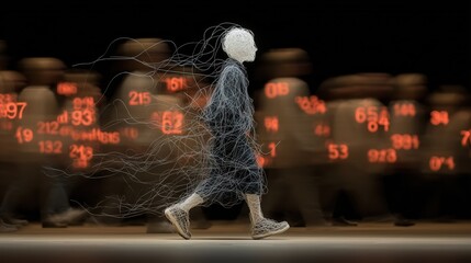 Silhouette fil de fer qui court avec des nombres flottants lumineux