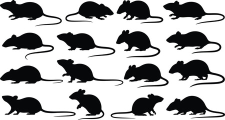 Naklejka premium A pattern of sixteen black mouse silhouettes on a white background