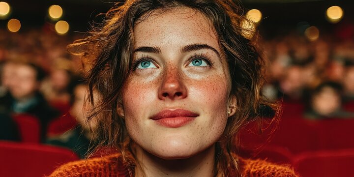 Young woman enjoys a captivating performance in a vibrant theater filled with an engaging audience during an evening show