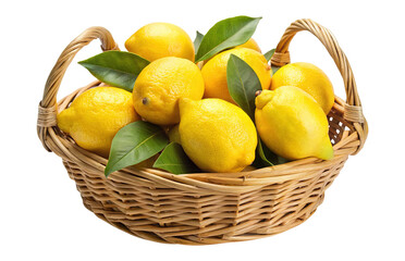A wicker basket full of fresh lemons and green leaves on Transparent PNG