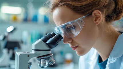 A person, likely a scientist or researcher, intently focused on using a microscope to closely inspect and analyze a sample in a professional laboratory environment.