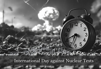 Symbolic alarm clock with nuclear explosion background highlights international day against nuclear tests.
