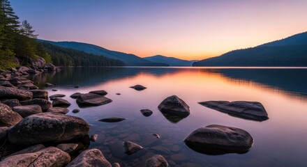 Calm Lake at Sunset Surrounded by Mountain Landscape Scenery