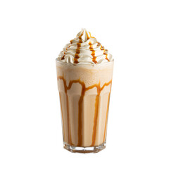 Delectable Caramel Frappe: A photorealistic view captures a refreshing caramel frappe, beautifully presented in a tall glass.
