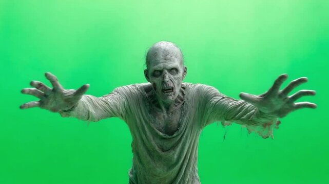 A zombie-like figure with outstretched arms, against a green screen background, in a full-body shot, with a photorealistic style