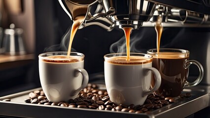 A close-up of a sleek, silver espresso machine with freshly brewed coffee pouring into a white cup
