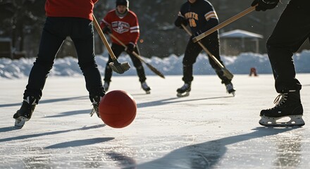 Obraz premium Intense ice hockey game action on a snowy rink, broomball, broom ball, broomballs
