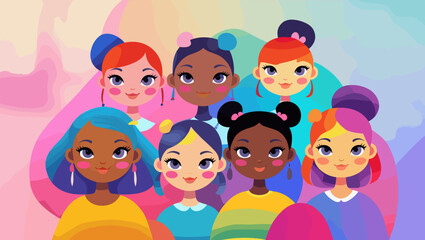 Colorful illustration of diverse girls with stylish hairstyles on a vibrant background
