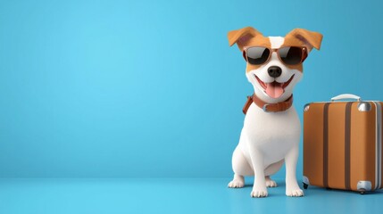 A cheerful and playful dog wearing stylish sunglasses, standing next to a suitcase, ready for a fun-filled vacation or adventure.