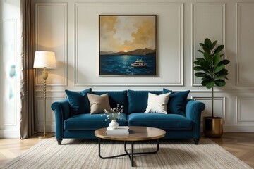 Navy velvet sofa, gold accents, cream walls Luxurious living space , design, lamps