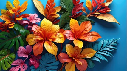 A vibrant, tropical composition featuring large, colorful leaves on a soft blue background.