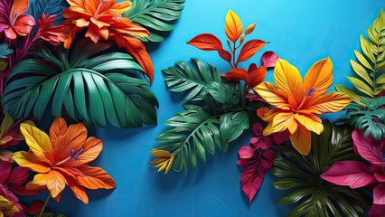 A vibrant, tropical composition featuring large, colorful leaves on a soft blue background.