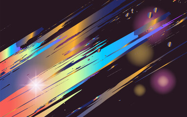 Vector illustration in retrofuturistic anime style: radiant streaks of blue, gold, and purple shoot across a black background. Trendy visual, abstract dynamic lines, sharp shapes, gradient glow.