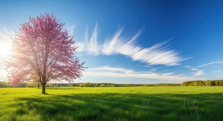 Beautiful Blossom Tree In A Vast Green Field