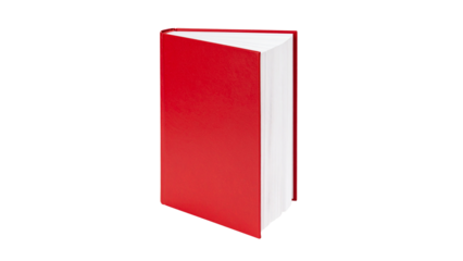 A blank red book cover, standing upright on the right side of an empty transparent background