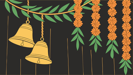 Golden bells hanging amidst marigold garlands and green foliage against a dark backdrop, evoking a festive and celebratory atmosphere
