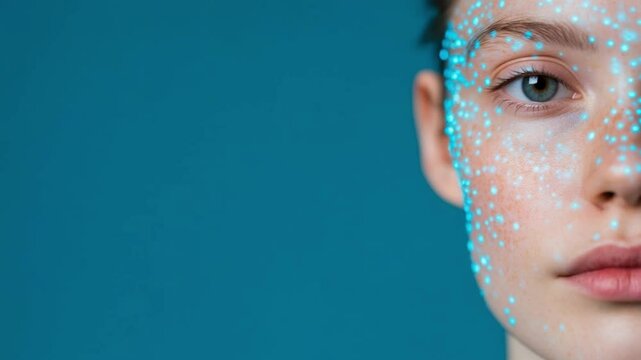 Close-up portrait of young woman with glowing blue particles overlay on her face Digital skin, futuristic tech beauty concept AI-generated girl face with digital enhancement, virtual rea