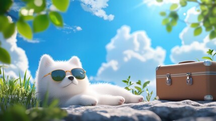 A fashionable dog wearing sunglasses, with the blue sky and clouds reflected in the a scenic road trip or vacation adventure