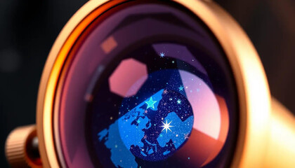 3D telescope lens icon showing a holographic star map.