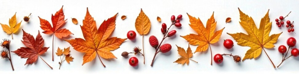 Dried leaves, berries, flowers on white Autumnal still life , nature, november