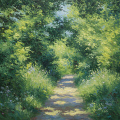 Sun-Dappled Path Through Lush Green Summer Woods Impressionist Landscape Painting