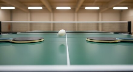 A ping pong ball in mid-air between two paddles on a green table in an indoor setting, frozen in action during a game with shallow depth of field.